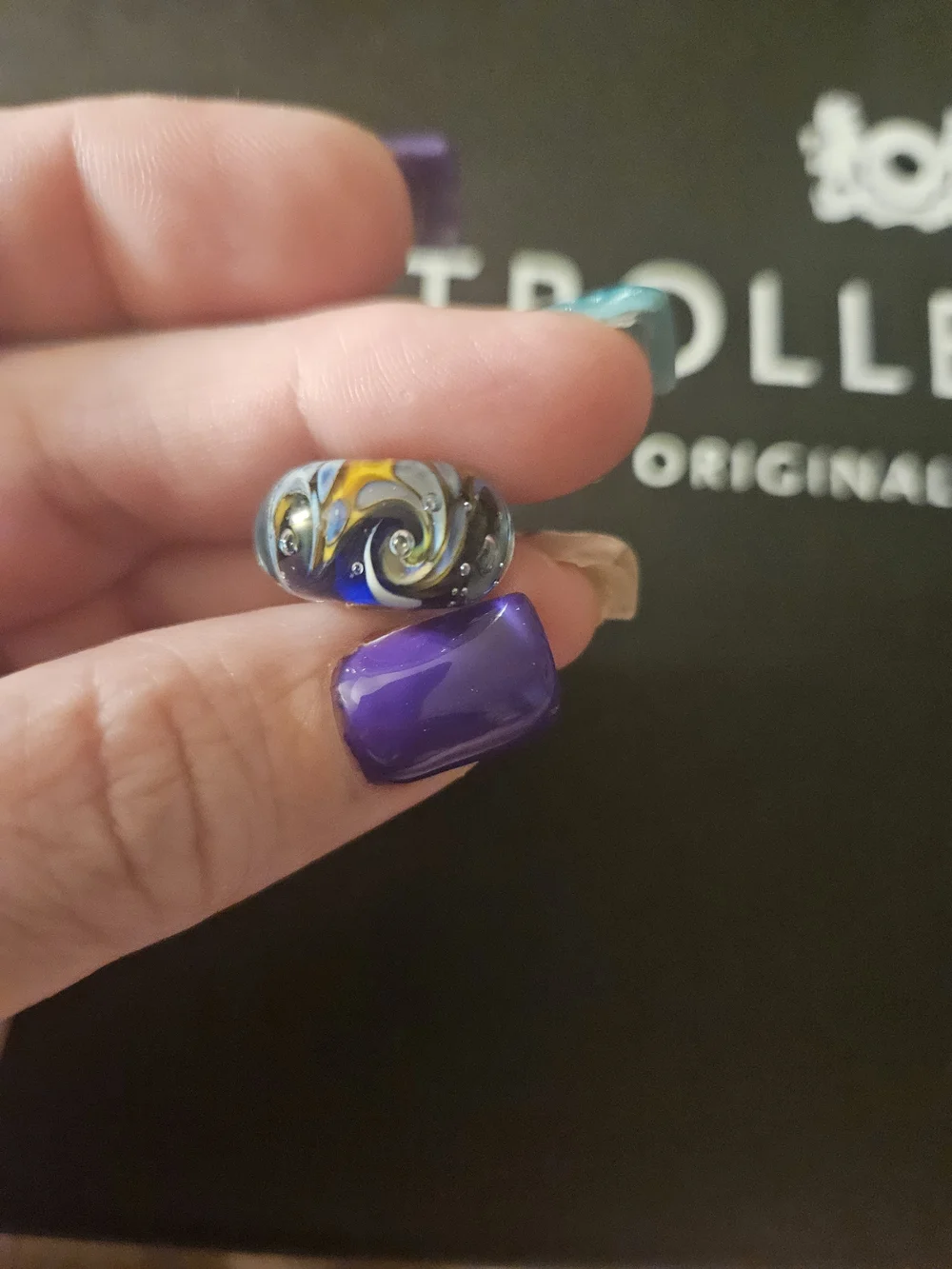 Trollbeads Glass Mosaic Bead in Blue, Gold & Black Unique JUMBO bead